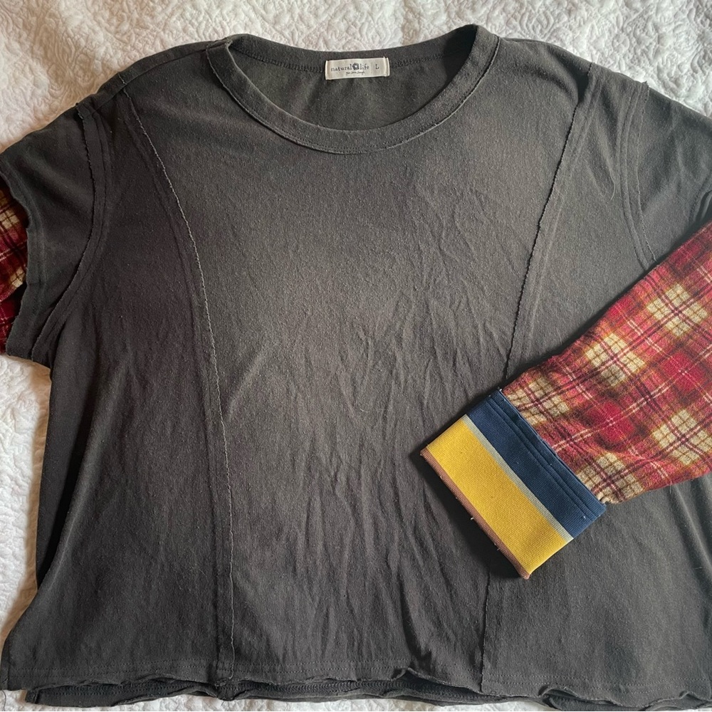 Natural Life large Long Sleeve Top with Plaid and Color Block Sleeves